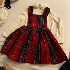 Tommy Bahama Soft Cream Fabric turtleneck and tartan plaid overall dress.